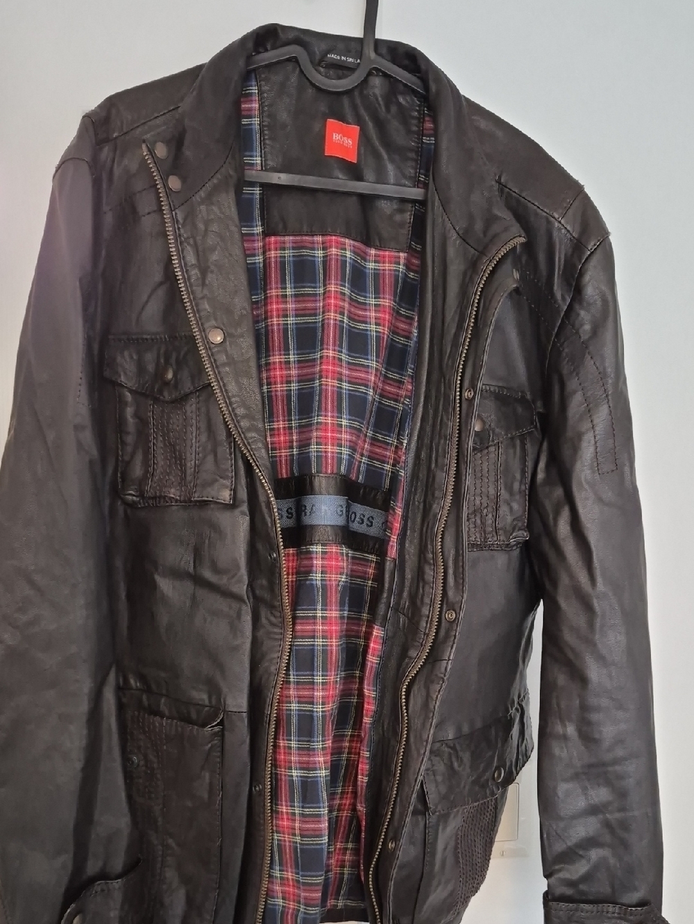 Hugo Boss Black Leather Field Jacket with Red & Navy Plaid Lining